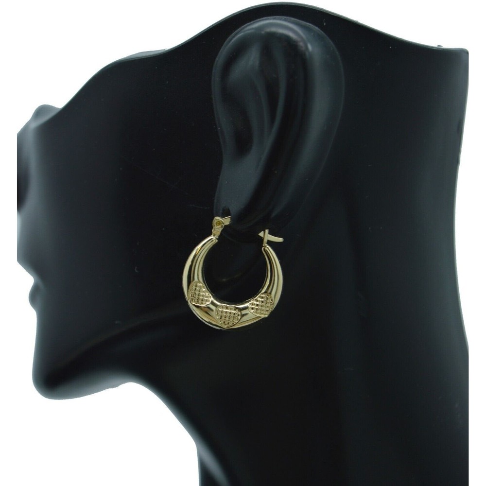 Real 10k Solid Yellow Gold Triple Heart Hoop Earrings 19.1mm